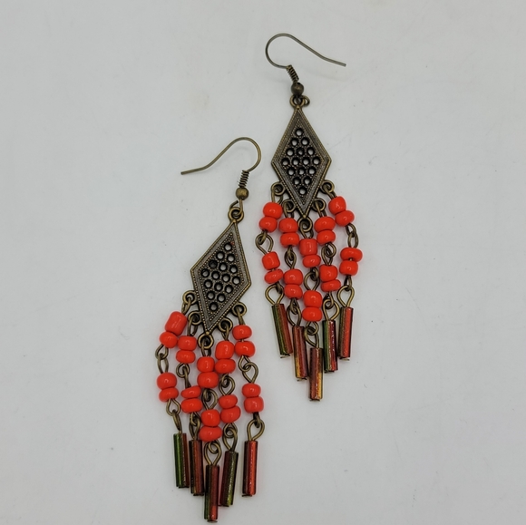 Handmade Czech Glass Beaded Brass Chandelier Earrings Vintage, 3.5" - Picture 9 of 9